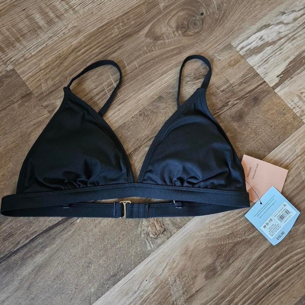 Shade & Shore Black Ribbed Triangle Bikini Top Womens Medium M 8-10 NWT New